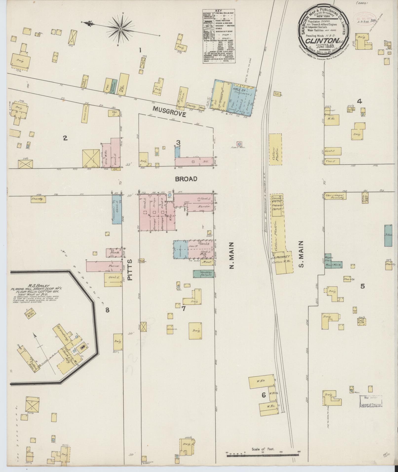 Sanborn Fire Insurance Map from Clinton, Laurens County, South Carolina (1889), Sheet #0001 - Historic Sanborn Fire Insurance Map Print, vintage old map wall art, antique decor, genealogy gift, South Carolina South Carolina map