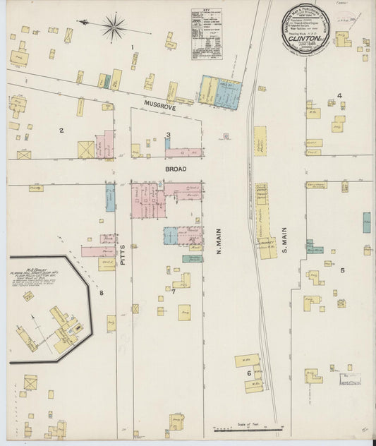 Sanborn Fire Insurance Map from Clinton, Laurens County, South Carolina (1889), Sheet #0001 - Historic Sanborn Fire Insurance Map Print, vintage old map wall art, antique decor, genealogy gift, South Carolina South Carolina map