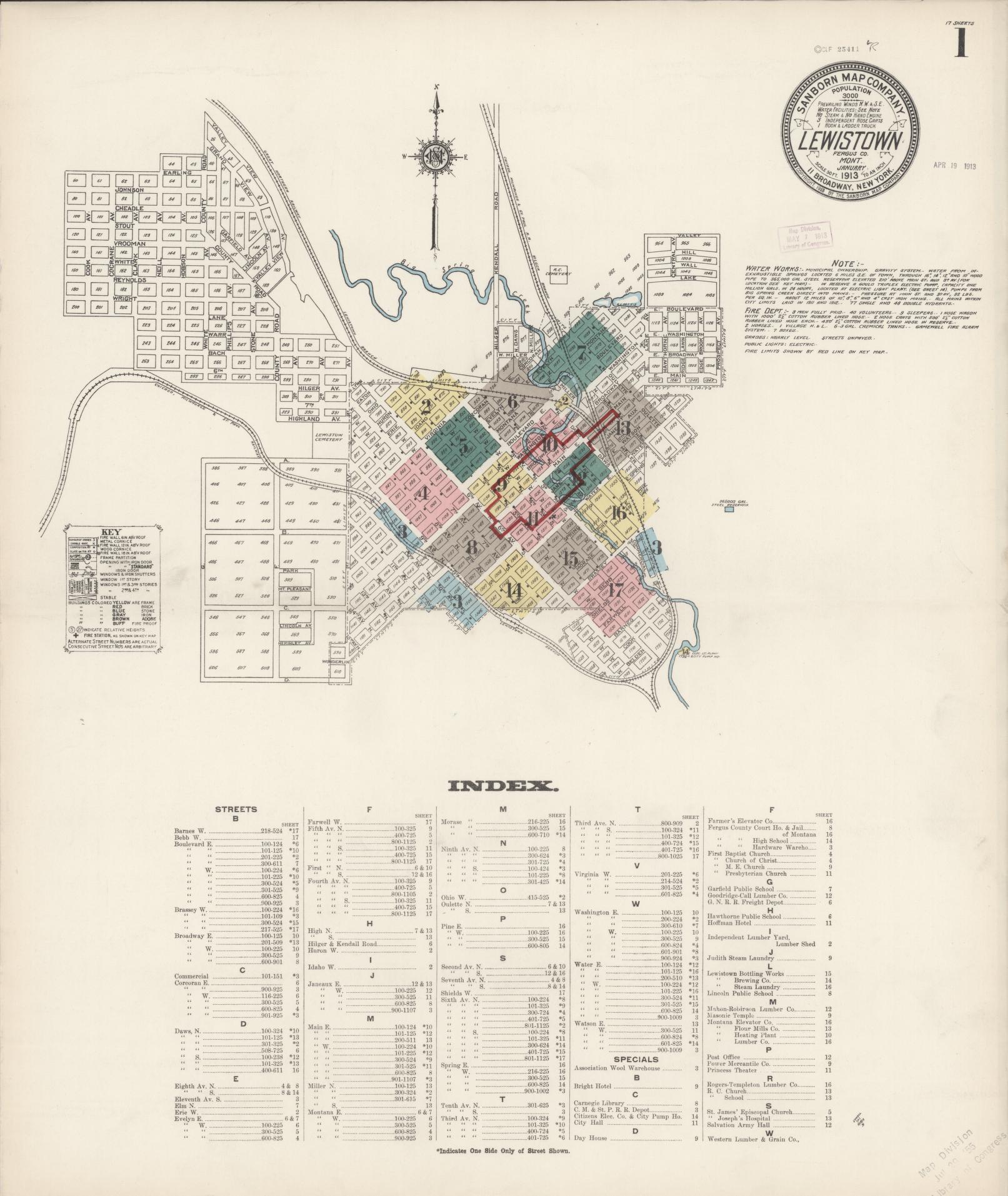Sanborn Fire Insurance Map from Lewistown, Fergus County, Montana (1913), Sheet #0001 - Historic Sanborn Fire Insurance Map Print, vintage old map wall art, antique decor, genealogy gift, Montana Montana map