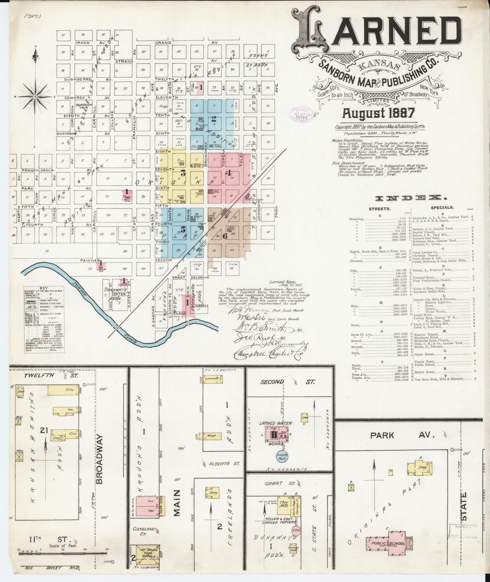 Sanborn Fire Insurance Map from Larned, Pawnee County, Kansas (1887), Sheet #0001 - Complete Map Set gallery image, historic Sanborn map, vintage wall art, Kansas Kansas