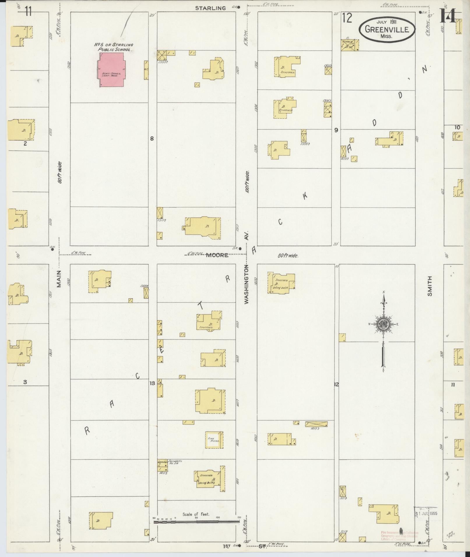 Sanborn Fire Insurance Map from Greenville, Washington County, Mississippi (1911), Sheet #0014 - Historic Sanborn Fire Insurance Map Print, vintage old map wall art, antique decor, genealogy gift, Mississippi Mississippi map