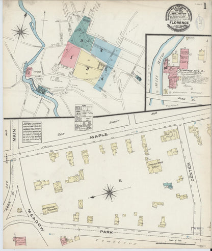 Sanborn Fire Insurance Map from Florence, Hampshire County, Massachusetts (1884), Sheet #0001 - Historic Sanborn Fire Insurance Map Print, vintage old map wall art, antique decor, genealogy gift, Massachusetts Massachusetts map