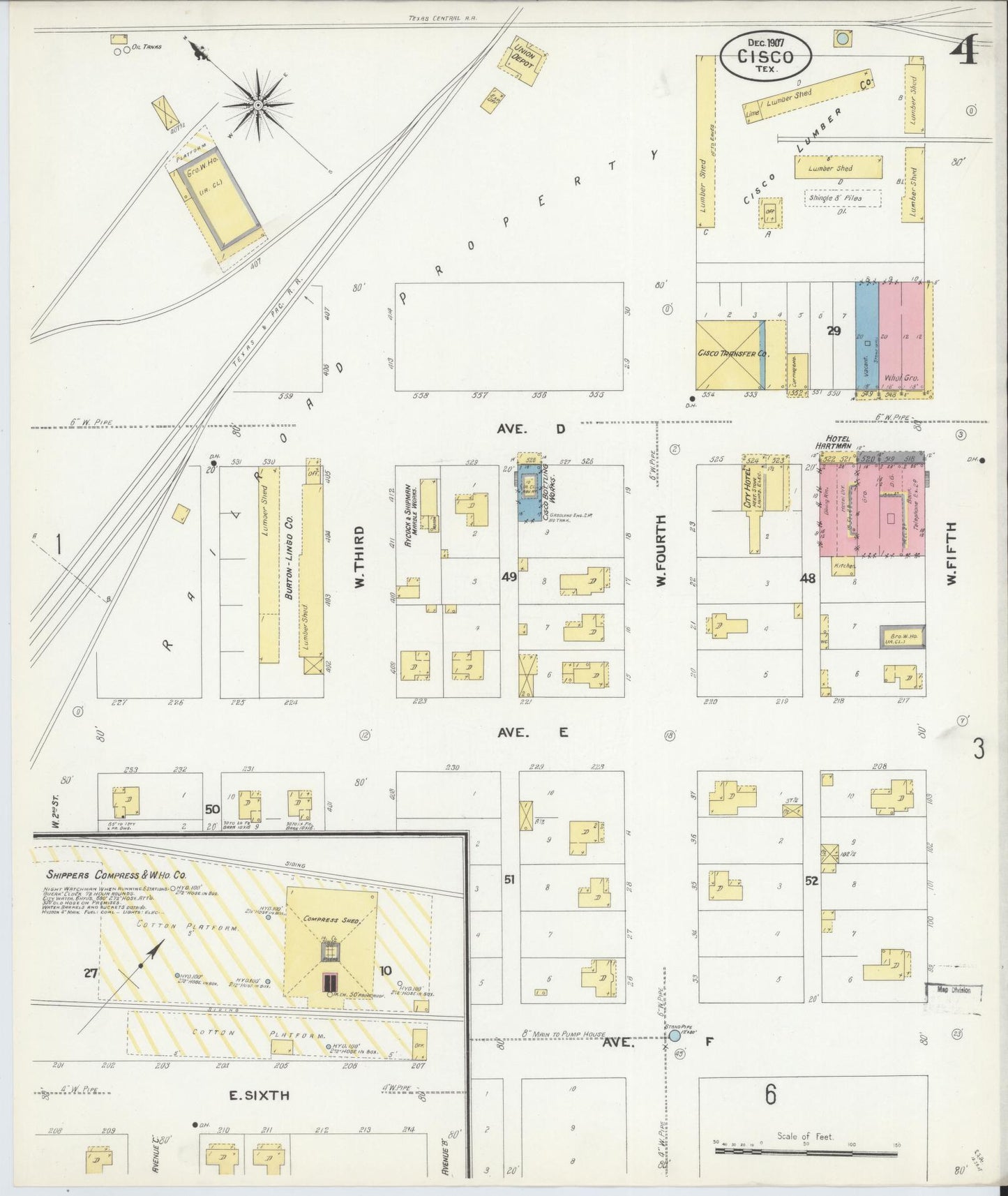 Sanborn Fire Insurance Map from Cisco, Eastland County, Texas (1907), Sheet #0004 - Historic Sanborn Fire Insurance Map Print, vintage old map wall art, antique decor, genealogy gift, Texas Texas map