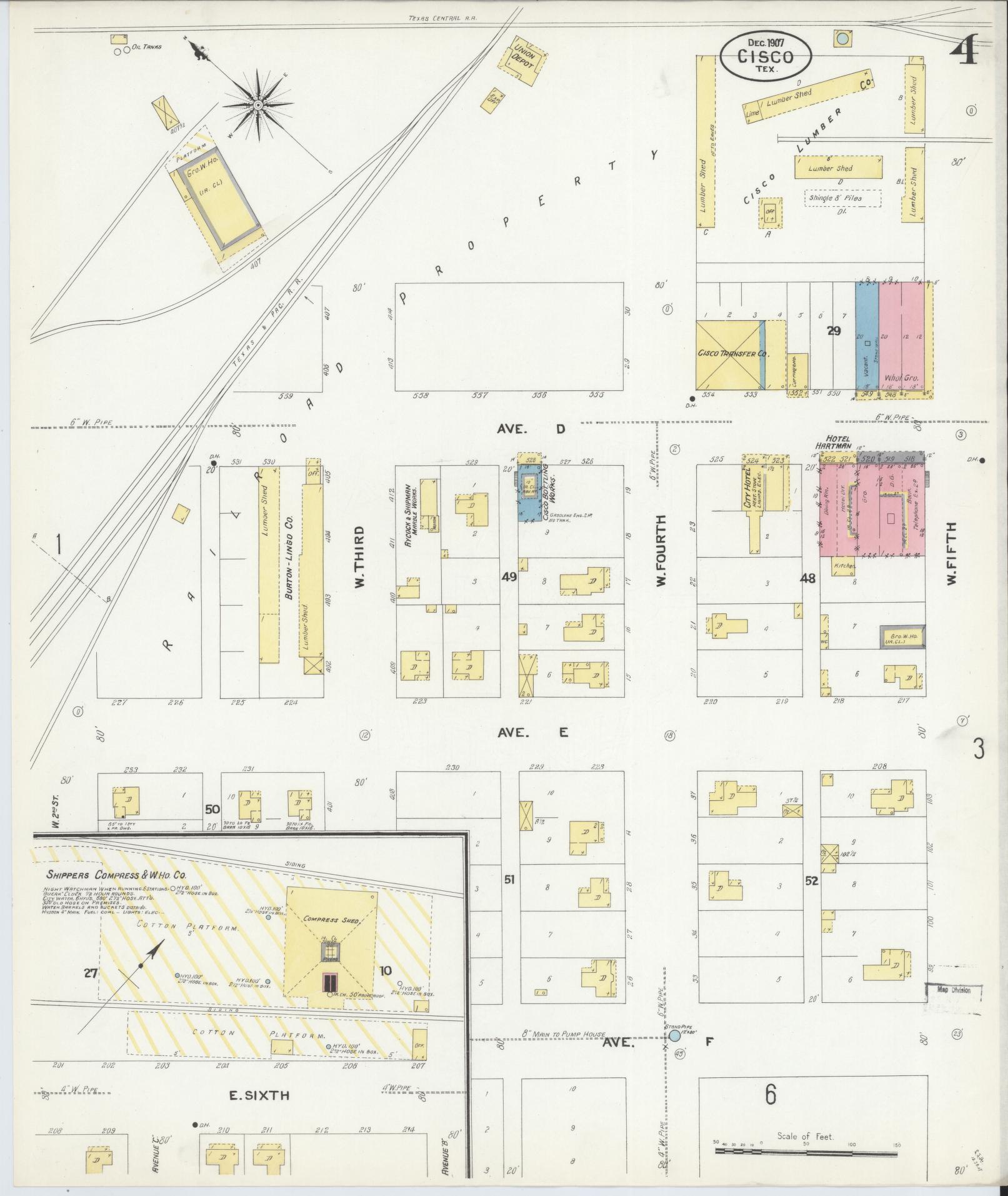 Sanborn Fire Insurance Map from Cisco, Eastland County, Texas (1907), Sheet #0004 - Historic Sanborn Fire Insurance Map Print, vintage old map wall art, antique decor, genealogy gift, Texas Texas map