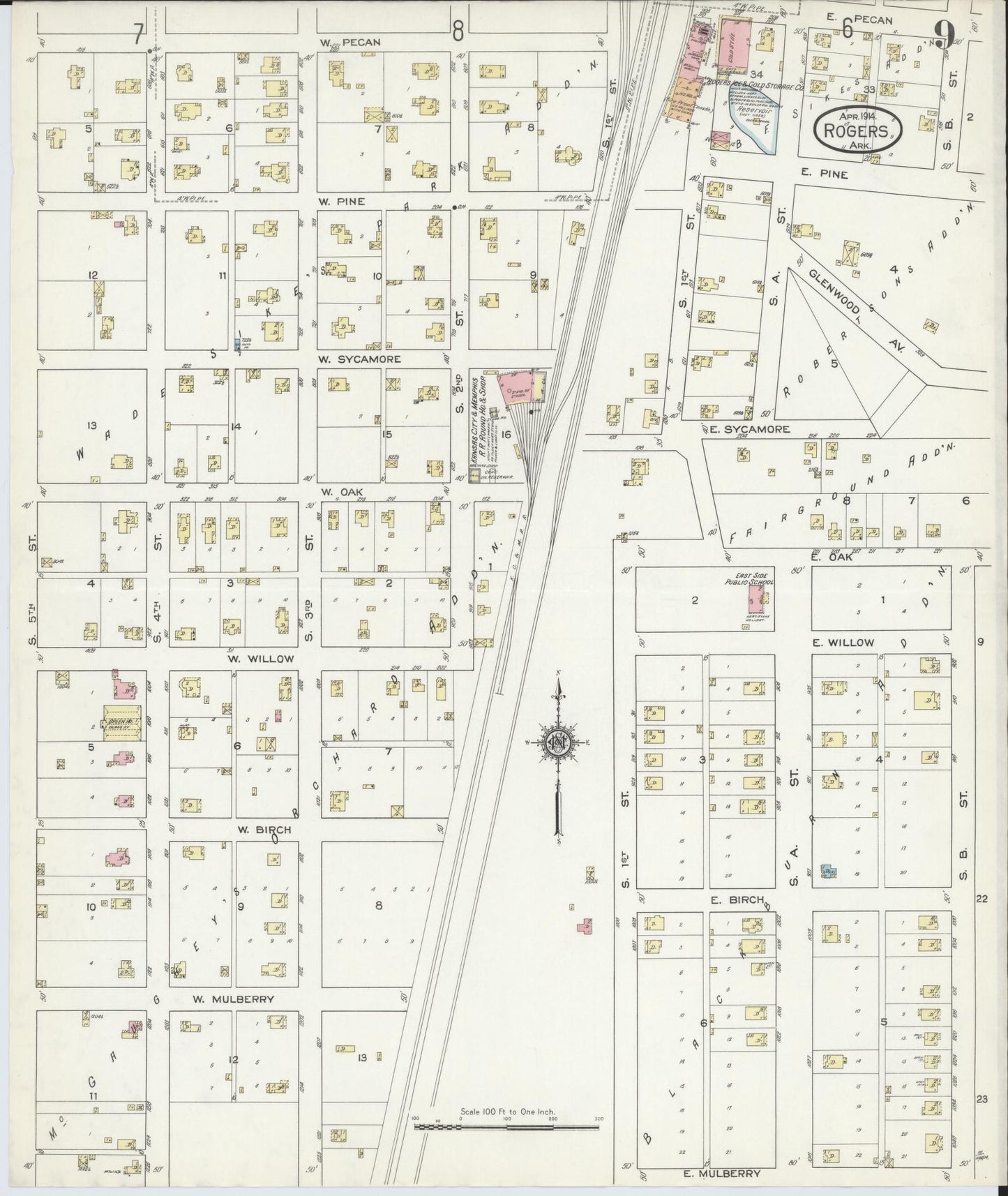 Sanborn Fire Insurance Map from Rogers, Benton County, Arkansas (1914), Sheet #0009 - Historic Sanborn Fire Insurance Map Print, vintage old map wall art, antique decor, genealogy gift, Arkansas Arkansas map