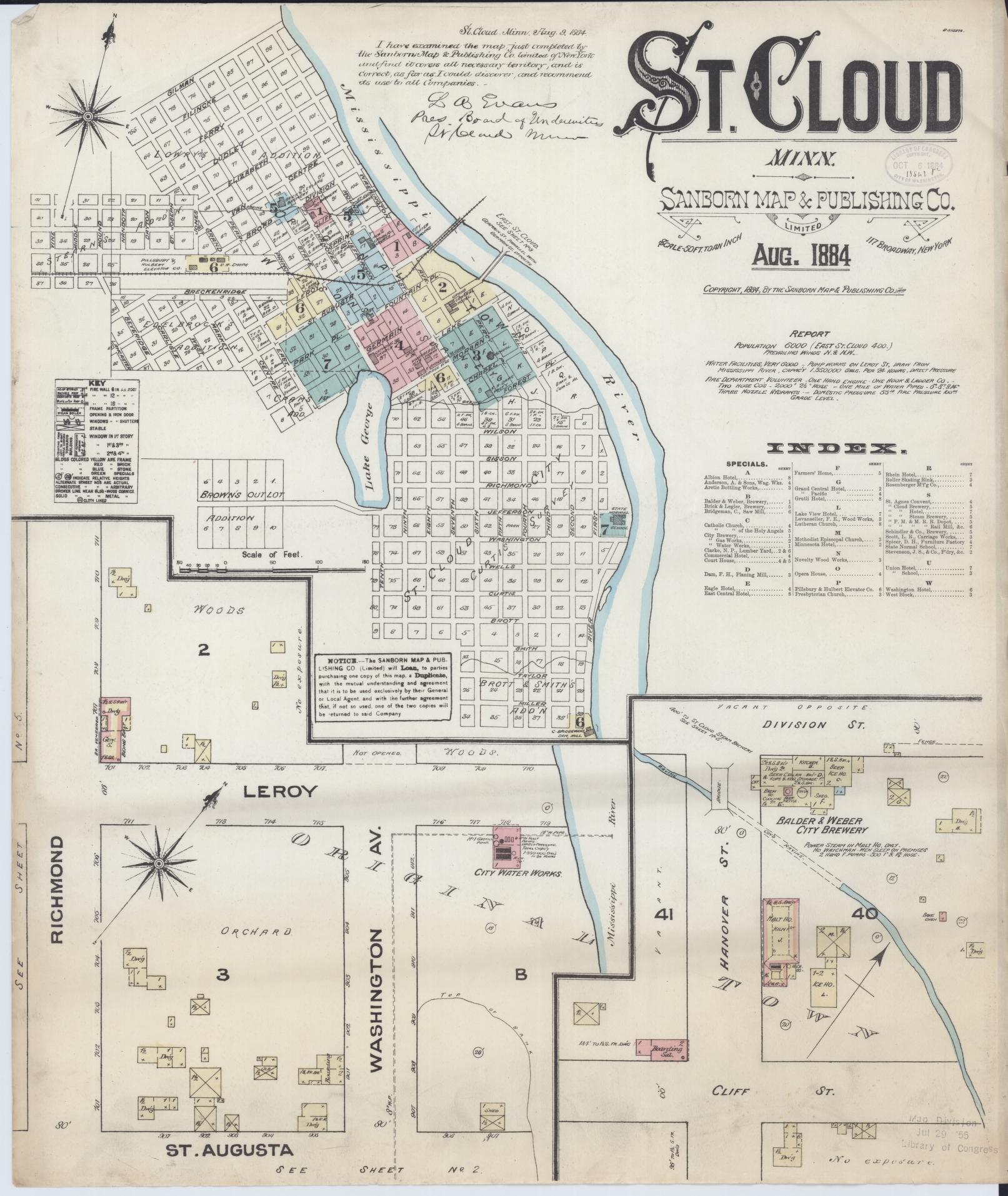 Sanborn Fire Insurance Map from Saint Cloud, Stearns, Benton, and Sherburne Counties, Minnesota (1884), Sheet #0001 - Complete Map Set gallery image, historic Sanborn map, vintage wall art, Minnesota Minnesota