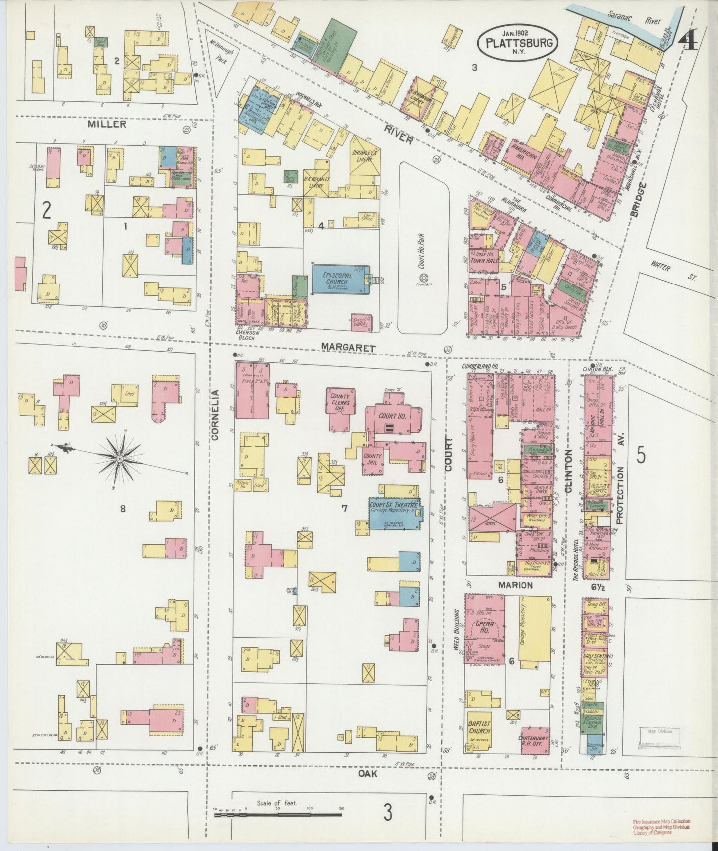 Sanborn Fire Insurance Map from Plattsburg, Clinton County, New York (1902), Sheet #0004 - Complete Map Set gallery image, historic Sanborn map, vintage wall art, New York New York