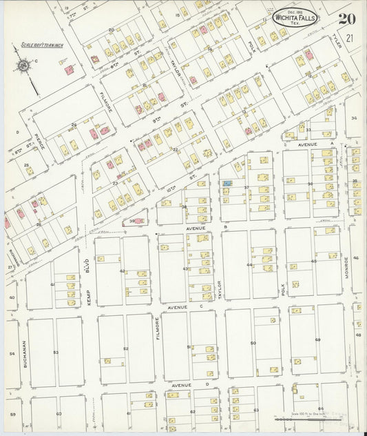 Sanborn Fire Insurance Map from Wichita Falls, Wichita County, Texas (1915), Sheet #0020 - Historic Sanborn Fire Insurance Map Print, vintage old map wall art, antique decor, genealogy gift, Texas Texas map