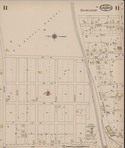 Sanborn Fire Insurance Map from Commerce, Hunt County, Texas (1922), Sheet #0011 - Historic Sanborn Fire Insurance Map Print, vintage old map wall art, antique decor, genealogy gift, Texas Texas map
