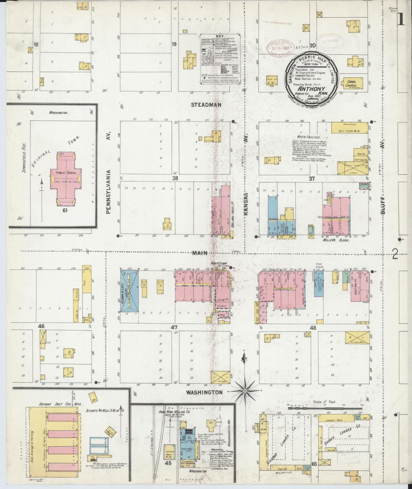 Sanborn Fire Insurance Map from Anthony, Harper County, Kansas (1899), Sheet #0001 - Complete Map Set gallery image, historic Sanborn map, vintage wall art, Kansas Kansas