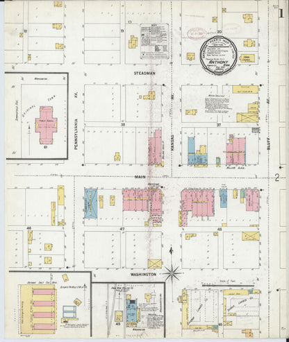 Sanborn Fire Insurance Map from Anthony, Harper County, Kansas (1899), Sheet #0001 - Complete Map Set gallery image, historic Sanborn map, vintage wall art, Kansas Kansas