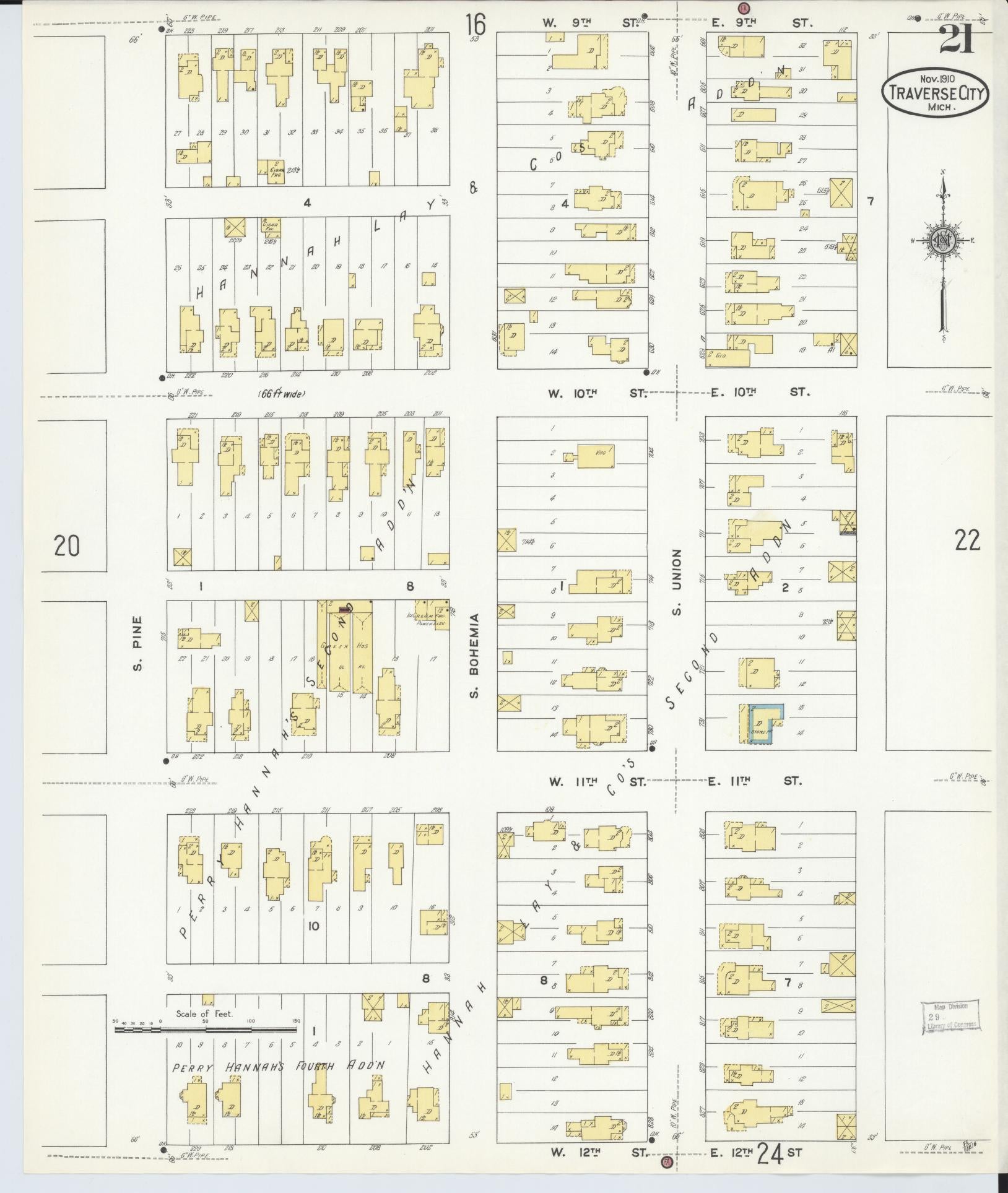Sanborn Fire Insurance Map from Traverse City, Grand Traverse County, Michigan (1910), Sheet #0021 - Complete Map Set gallery image, historic Sanborn map, vintage wall art, Michigan Michigan