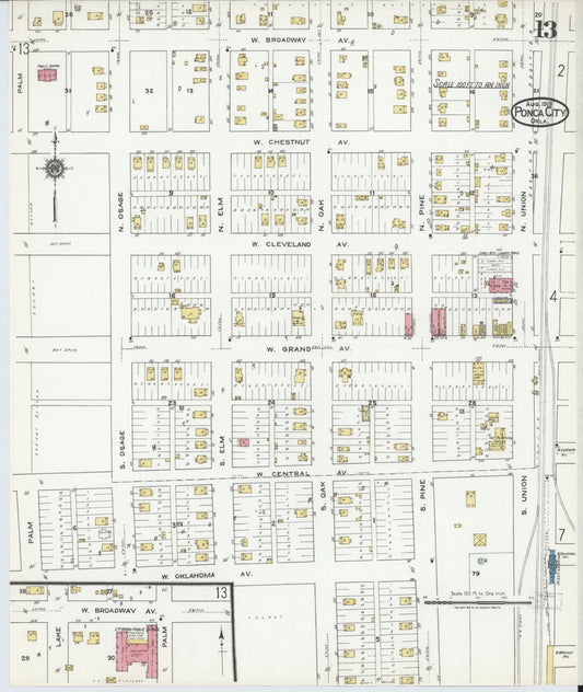 Sanborn Fire Insurance Map from Ponca City, Kay County, Oklahoma (1919), Sheet #0013 - Historic Sanborn Fire Insurance Map Print, vintage old map wall art, antique decor, genealogy gift, Oklahoma Oklahoma map