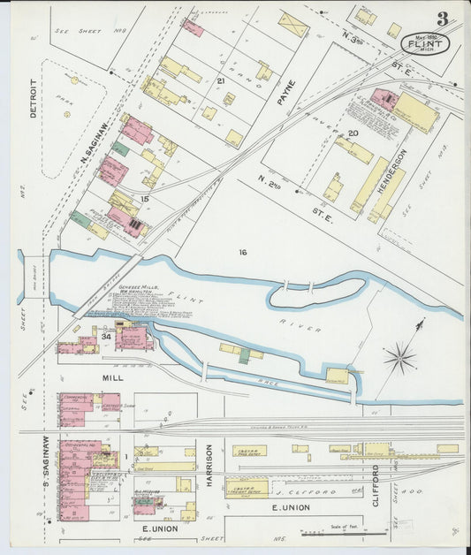 Sanborn Fire Insurance Map from Flint, Genesee County, Michigan (1892), Sheet #0003 - Historic Sanborn Fire Insurance Map Print, vintage old map wall art, antique decor, genealogy gift, Michigan Michigan map