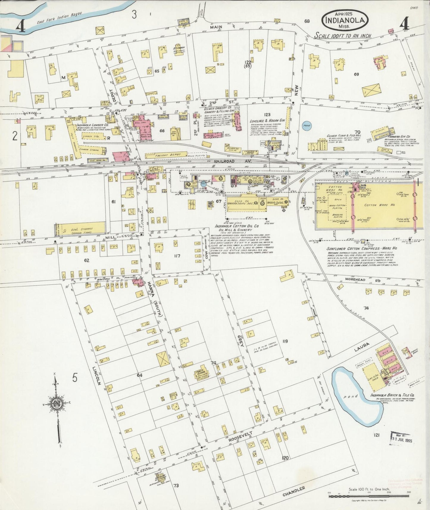 Sanborn Fire Insurance Map from Indianola, Sunflower County, Mississippi (1925), Sheet #0004 - Historic Sanborn Fire Insurance Map Print, vintage old map wall art, antique decor, genealogy gift, Mississippi Mississippi map