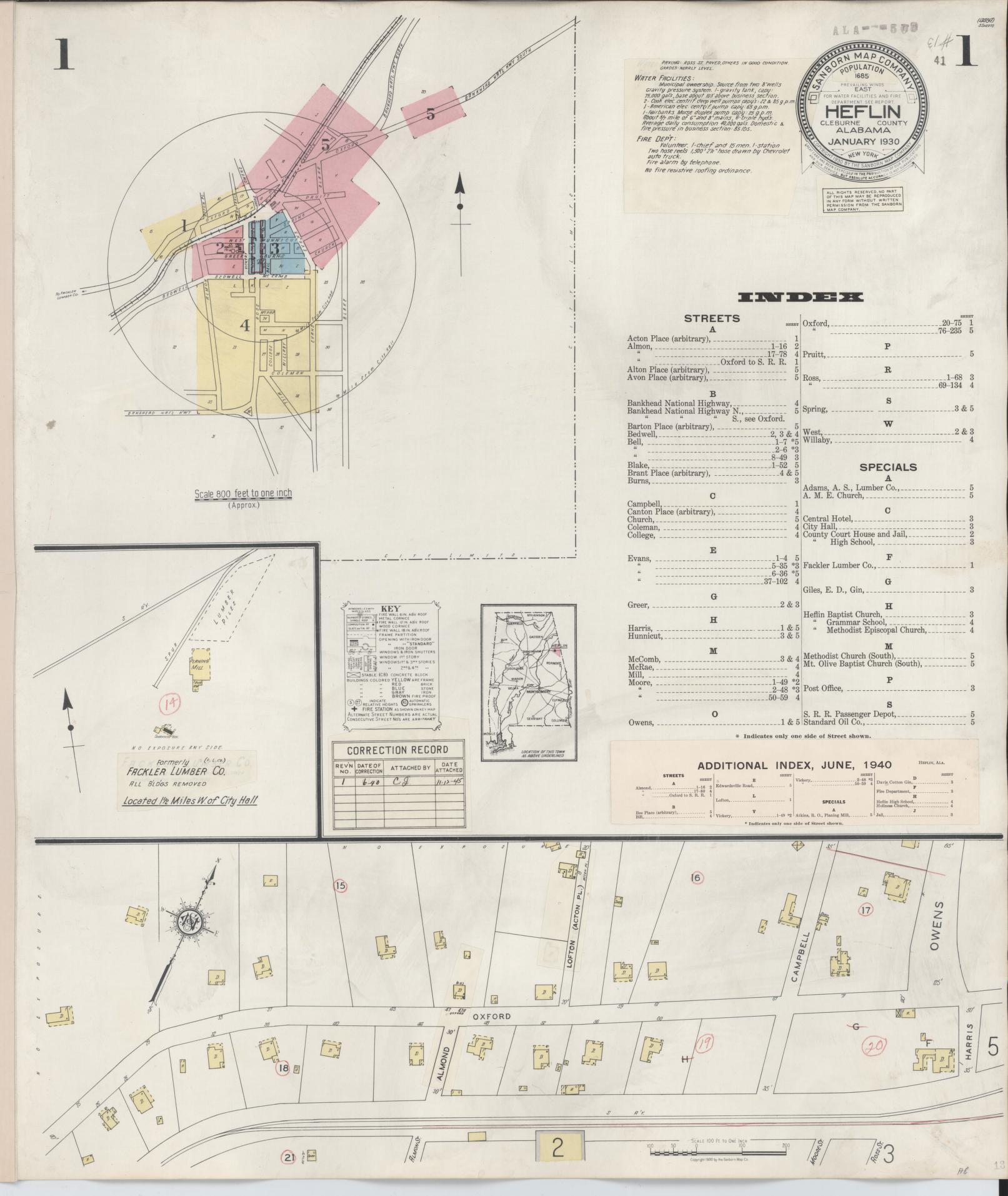 Sanborn Fire Insurance Map from Heflin, Cleburne County, Alabama (1940), Sheet #0001 - Historic Sanborn Fire Insurance Map Print, vintage old map wall art, antique decor, genealogy gift, Alabama Alabama map