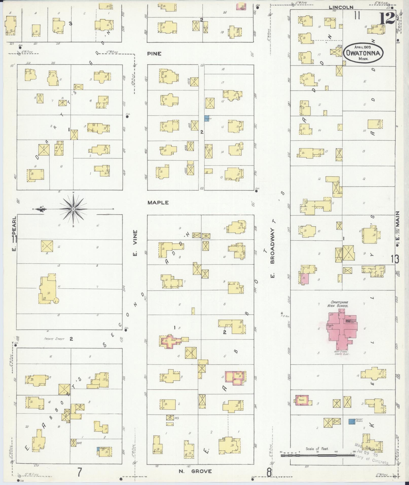 Sanborn Fire Insurance Map from Owatonna, Steele County, Minnesota (1909), Sheet #0012 - Historic Sanborn Fire Insurance Map Print, vintage old map wall art, antique decor, genealogy gift, Minnesota Minnesota map