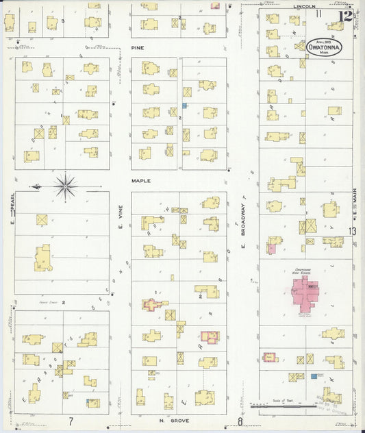 Sanborn Fire Insurance Map from Owatonna, Steele County, Minnesota (1909), Sheet #0012 - Historic Sanborn Fire Insurance Map Print, vintage old map wall art, antique decor, genealogy gift, Minnesota Minnesota map