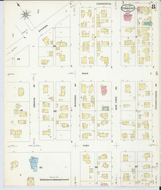 Sanborn Fire Insurance Map from Dowagiac, Cass County, Michigan (1908), Sheet #0008 - Historic Sanborn Fire Insurance Map Print, vintage old map wall art, antique decor, genealogy gift, Michigan Michigan map
