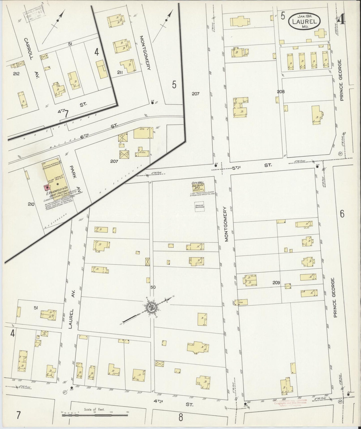 Sanborn Fire Insurance Map from Laurel, Prince Georges County, Maryland (1914), Sheet #0004 - Historic Sanborn Fire Insurance Map Print, vintage old map wall art