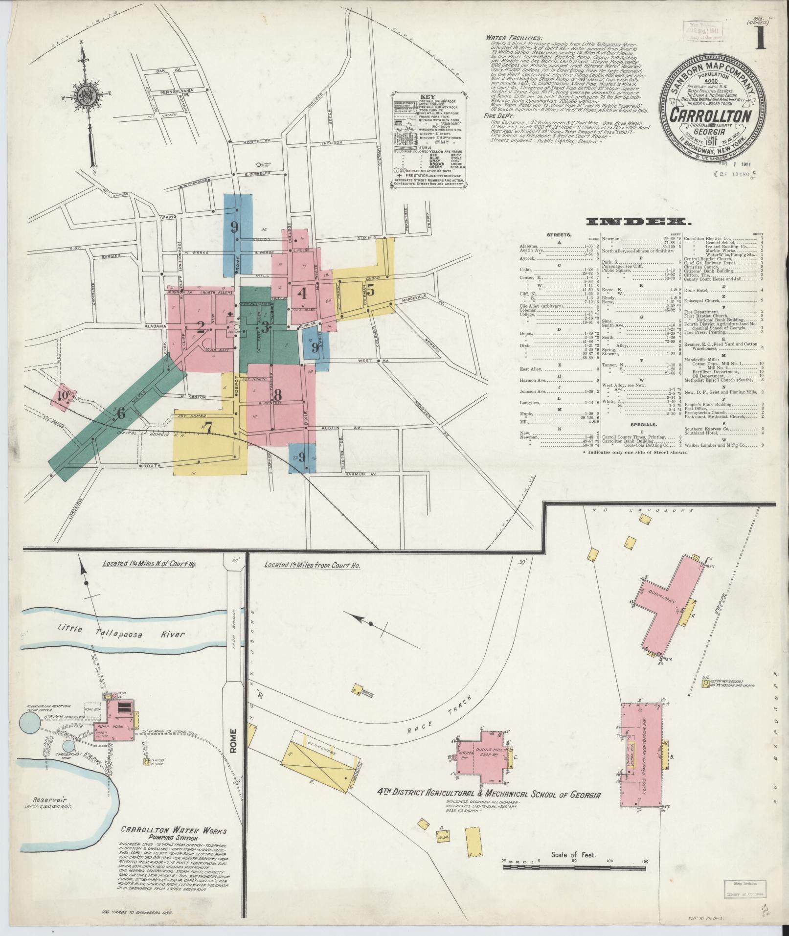 Sanborn Fire Insurance Map from Carrollton, Carroll County, Georgia (1911), Sheet #0001 - Historic Sanborn Fire Insurance Map Print, vintage old map wall art, antique decor, genealogy gift, Georgia Georgia map