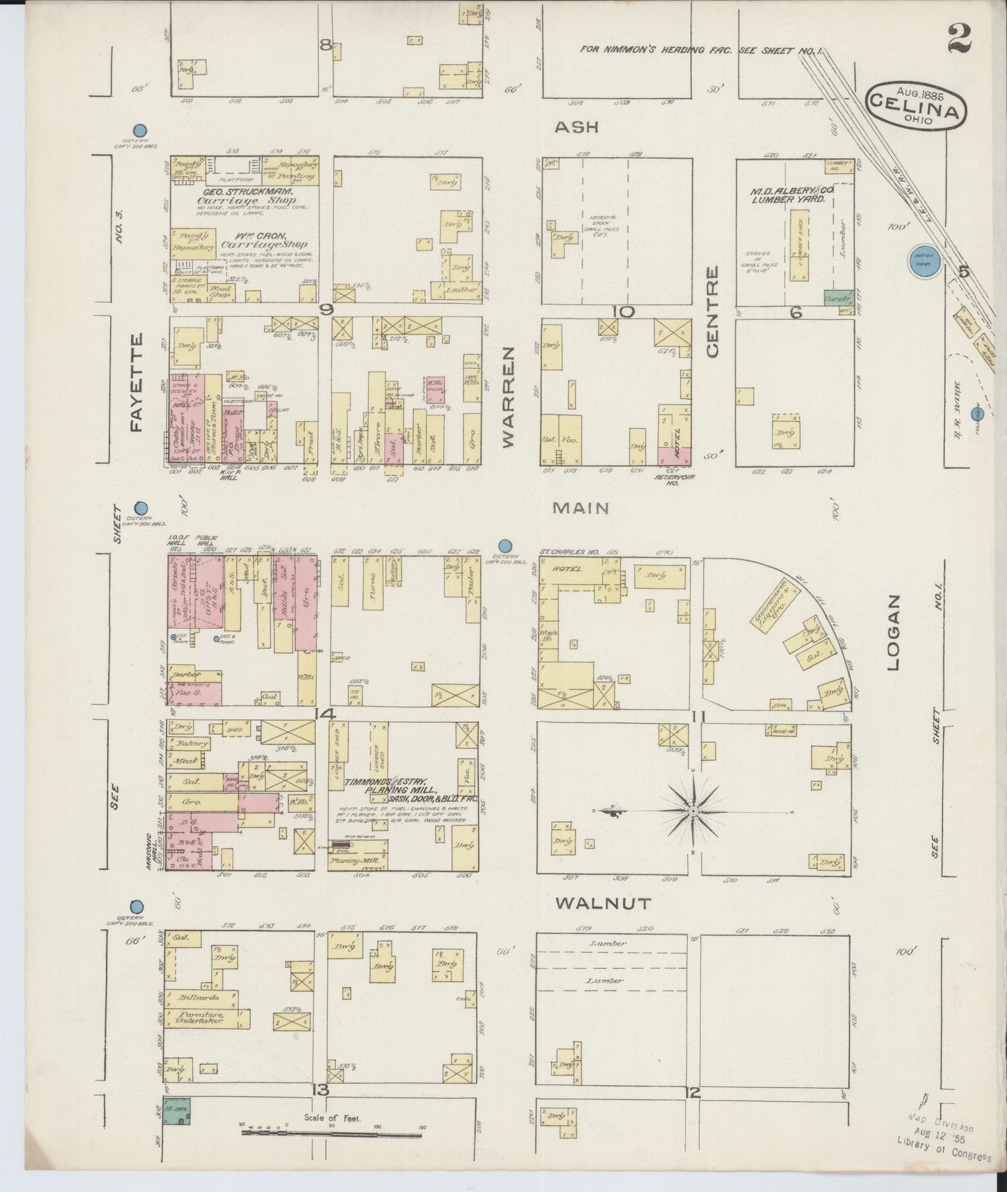 Sanborn Fire Insurance Map from Celina, Mercer County, Ohio (1885), Sheet #0002 - Historic Sanborn Fire Insurance Map Print, vintage old map wall art, antique decor, genealogy gift, Ohio Ohio map