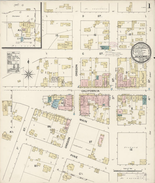 Sanborn Fire Insurance Map from Jacksonville, Jackson County, Oregon (1888), Sheet #0001 - Historic Sanborn Fire Insurance Map Print, vintage old map wall art, antique decor, genealogy gift, Oregon Oregon map