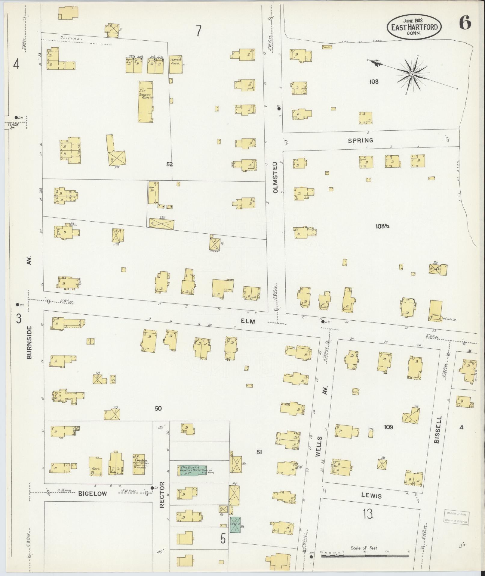 Sanborn Fire Insurance Map from East Hartford, Hartford County, Connecticut (1908), Sheet #0006 - Historic Sanborn Fire Insurance Map Print, vintage old map wall art, antique decor, genealogy gift, Connecticut Connecticut map