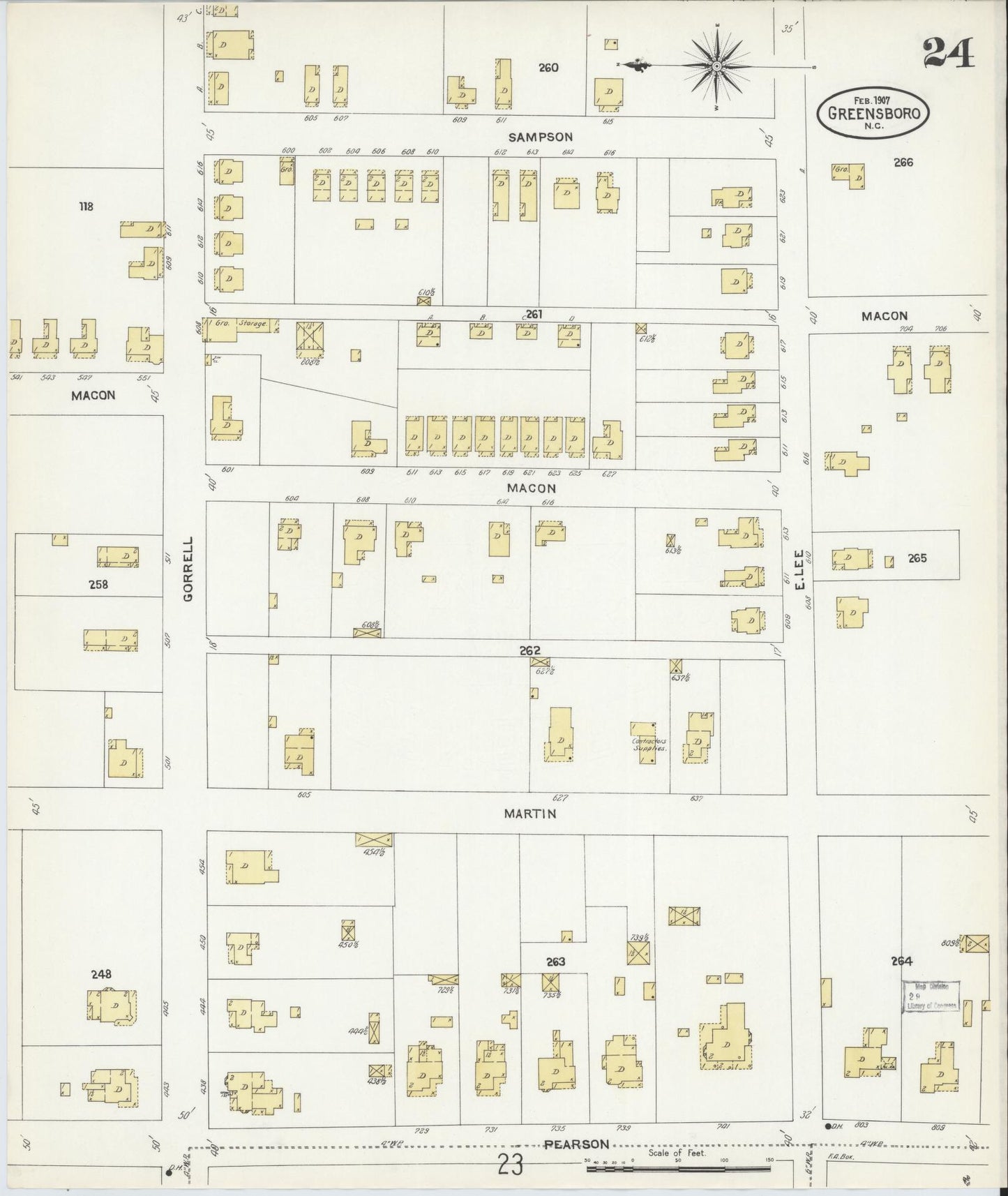 Sanborn Fire Insurance Map from Greensboro, Guilford County, North Carolina (1907), Sheet #0024 - Complete Map Set gallery image, historic Sanborn map, vintage wall art, North Carolina North Carolina