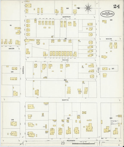 Sanborn Fire Insurance Map from Greensboro, Guilford County, North Carolina (1907), Sheet #0024 - Complete Map Set gallery image, historic Sanborn map, vintage wall art, North Carolina North Carolina
