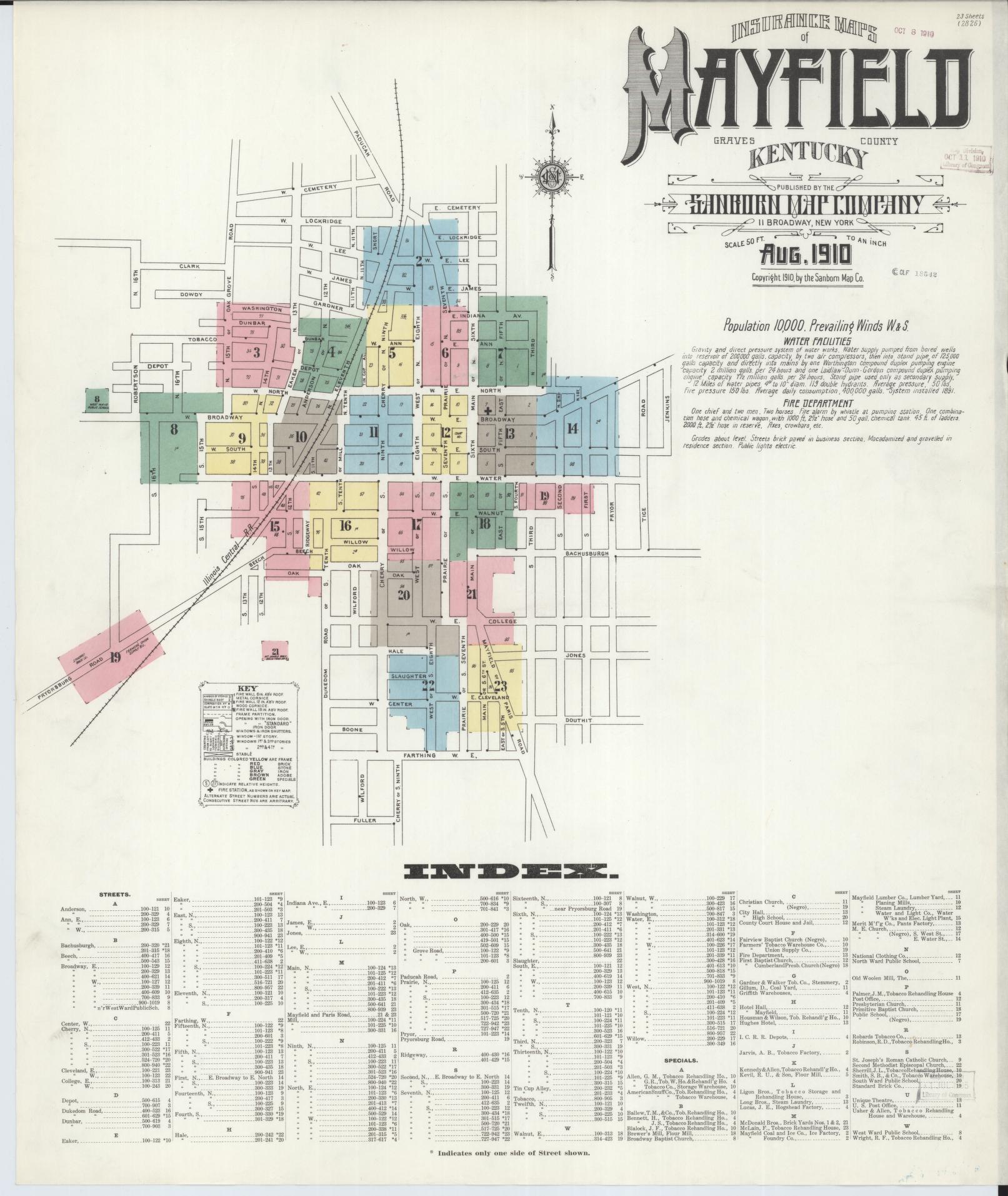Sanborn Fire Insurance Map from Mayfield, Graves County, Kentucky (1910), Sheet #0001 - Complete Map Set gallery image, historic Sanborn map, vintage wall art, Kentucky Kentucky
