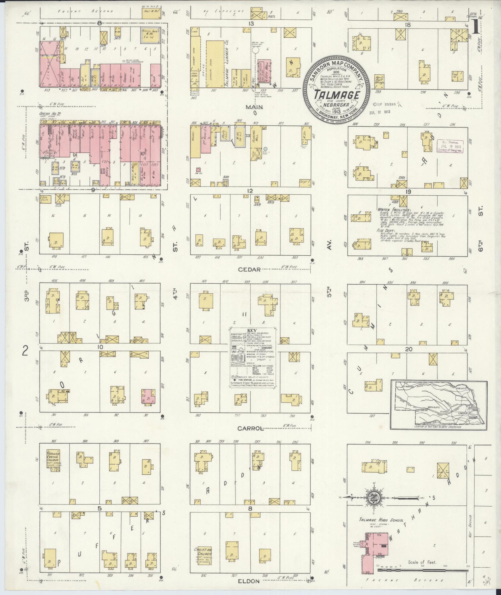 Sanborn Fire Insurance Map from Talmage, Otoe County, Nebraska (1913), Sheet #0001 - Historic Sanborn Fire Insurance Map Print, vintage old map wall art, antique decor, genealogy gift, Nebraska Nebraska map