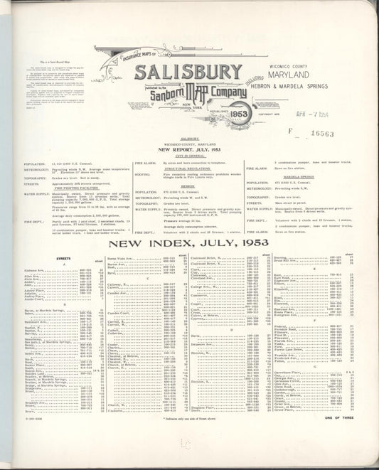 Sanborn Fire Insurance Map from Salisbury, Wicomico County, Maryland (1953), Sheet #0001 - Historic Sanborn Fire Insurance Map Print, vintage old map wall art, antique decor, genealogy gift, Maryland Maryland map