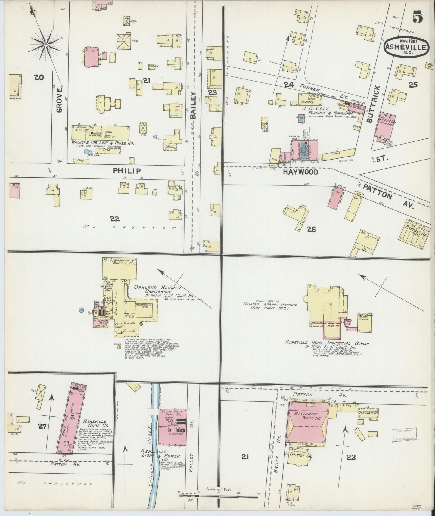 Sanborn Fire Insurance Map from Asheville, Buncombe County, North Carolina (1891), Sheet #0005 - Historic Sanborn Fire Insurance Map Print, vintage old map wall art, antique decor, genealogy gift, North Carolina North Carolina map