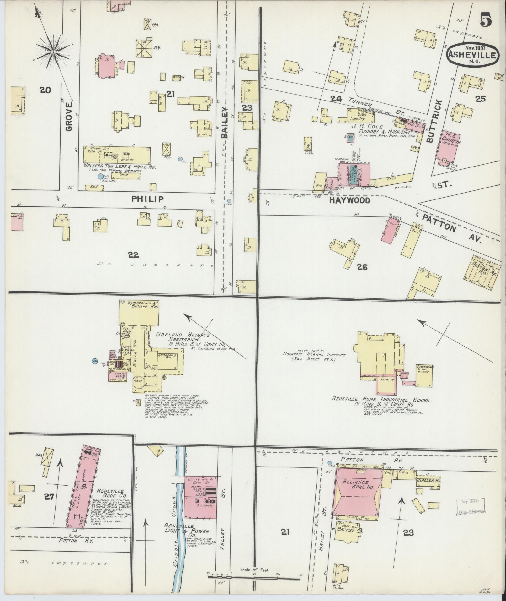 Sanborn Fire Insurance Map from Asheville, Buncombe County, North Carolina (1891), Sheet #0005 - Historic Sanborn Fire Insurance Map Print, vintage old map wall art, antique decor, genealogy gift, North Carolina North Carolina map