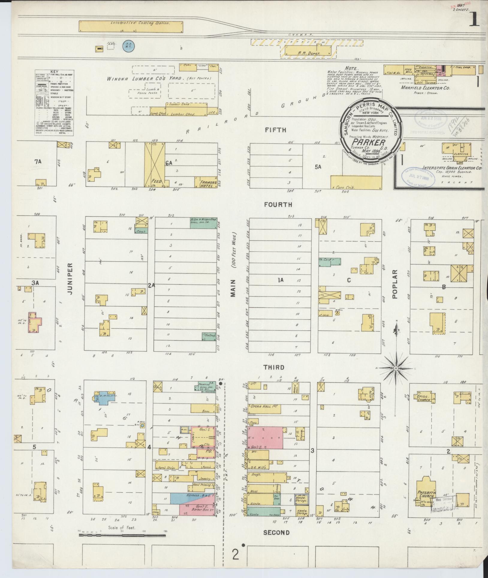 Sanborn Fire Insurance Map from Parker, Turner County, South Dakota (1898), Sheet #0001 - Historic Sanborn Fire Insurance Map Print, vintage old map wall art, antique decor, genealogy gift, South Dakota South Dakota map