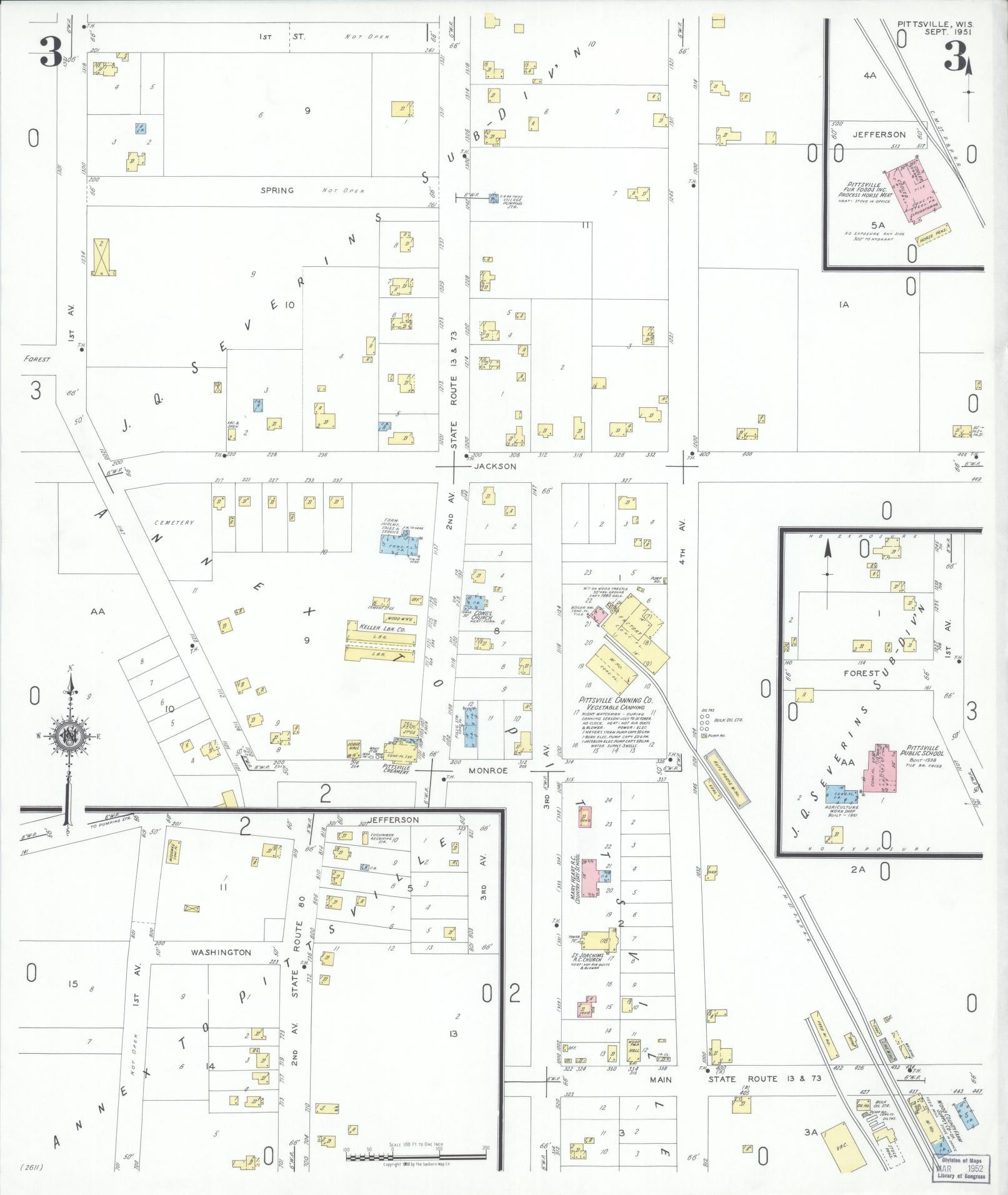 Sanborn Fire Insurance Map from Pittsville, Wood County, Wisconsin (1951), Sheet #0003 - Historic Sanborn Fire Insurance Map Print, vintage old map wall art, antique decor, genealogy gift, Wisconsin Wisconsin map