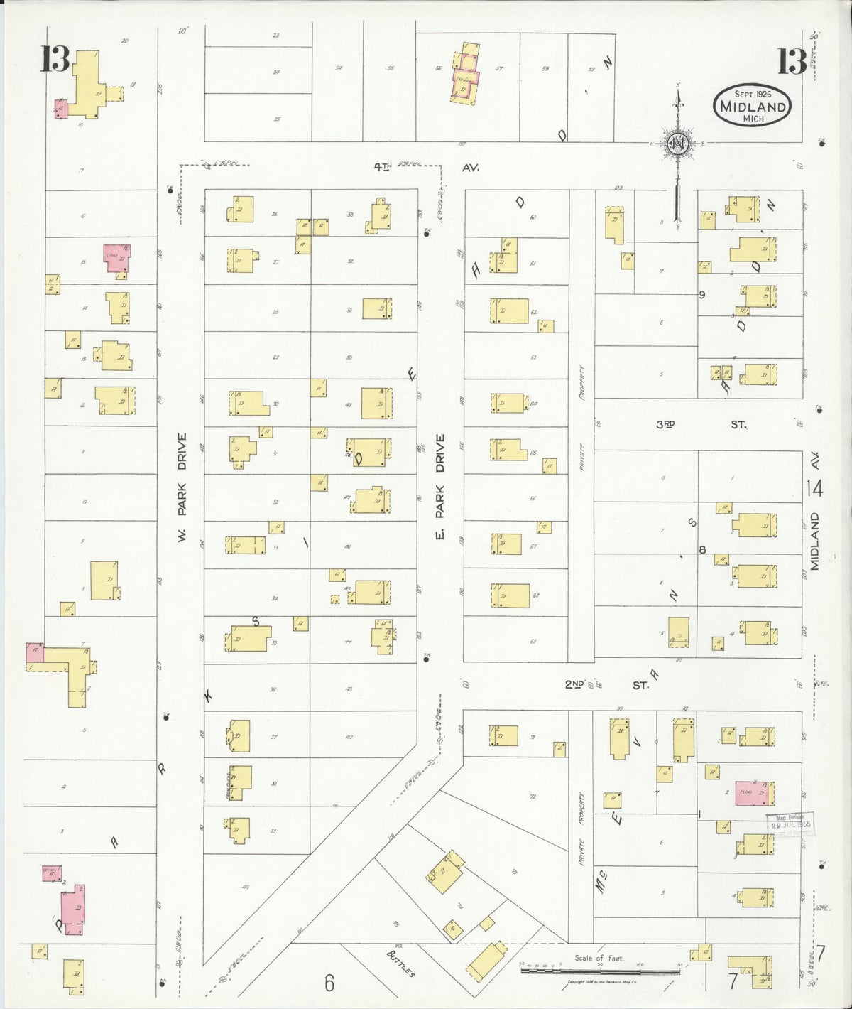 Sanborn Fire Insurance Map from Midland, Midland County, Michigan (1926), Sheet #0013 - Historic Sanborn Fire Insurance Map Print, vintage old map wall art, antique decor, genealogy gift, Michigan Michigan map