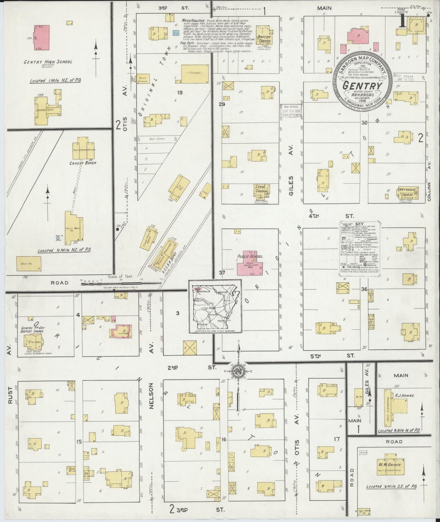 Sanborn Fire Insurance Map from Gentry, Benton County, Arkansas (1918), Sheet #0001 - Complete Map Set gallery image, historic Sanborn map, vintage wall art, Arkansas Arkansas