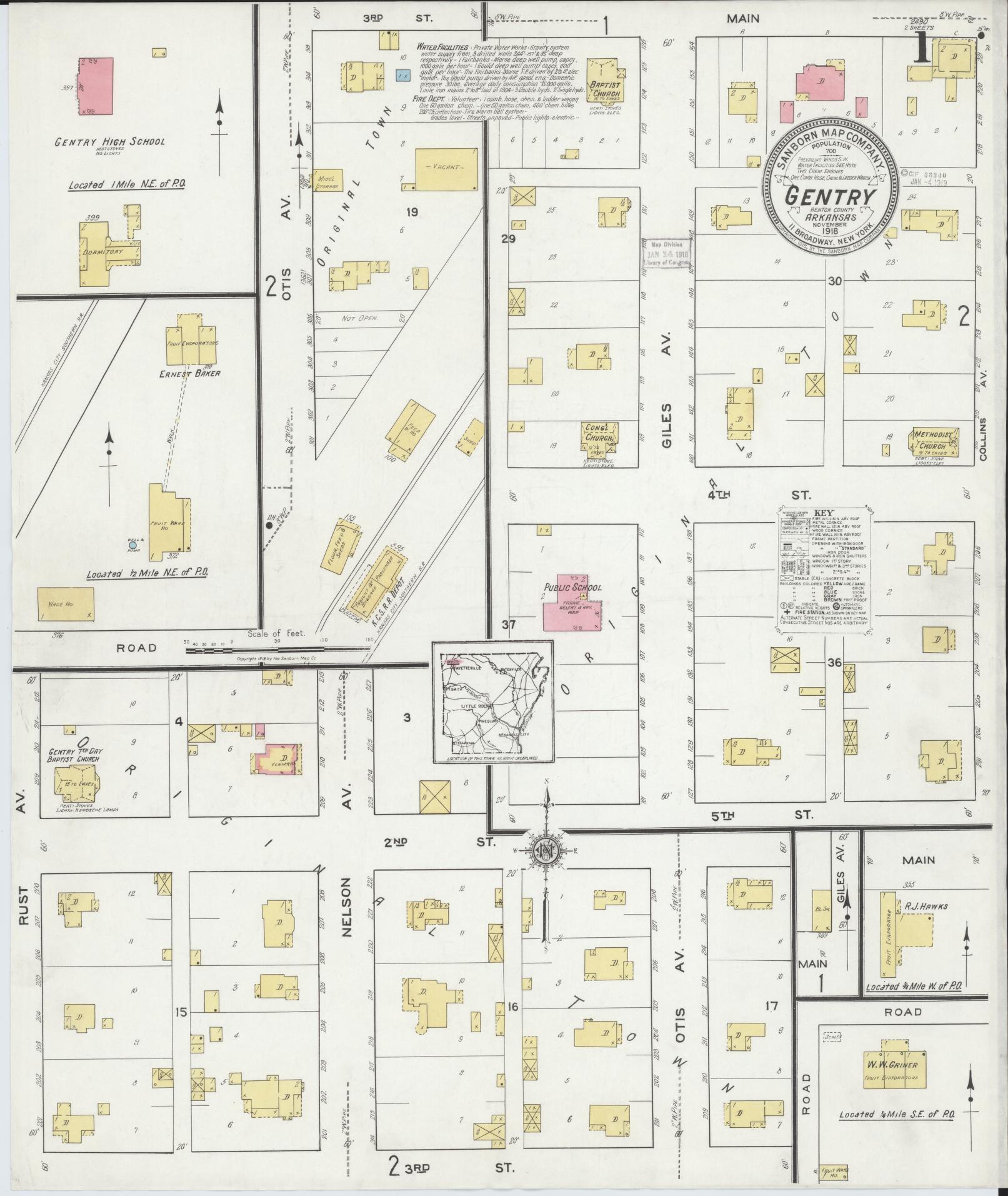 Sanborn Fire Insurance Map from Gentry, Benton County, Arkansas (1918), Sheet #0001 - Complete Map Set gallery image, historic Sanborn map, vintage wall art, Arkansas Arkansas