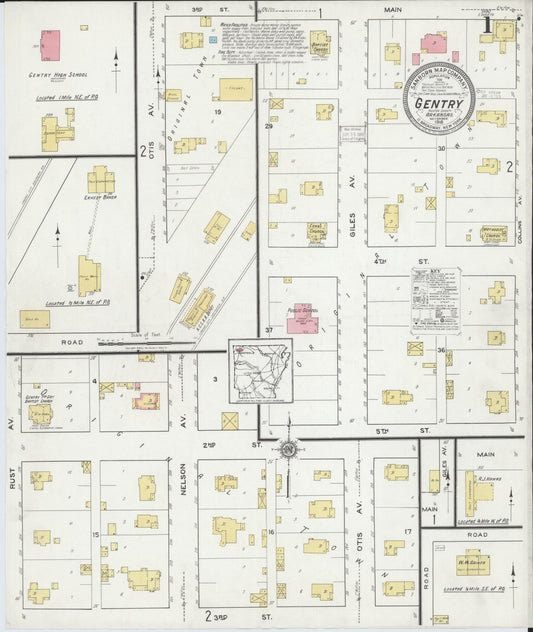 Sanborn Fire Insurance Map from Gentry, Benton County, Arkansas (1918), Sheet #0001 - Complete Map Set gallery image, historic Sanborn map, vintage wall art, Arkansas Arkansas
