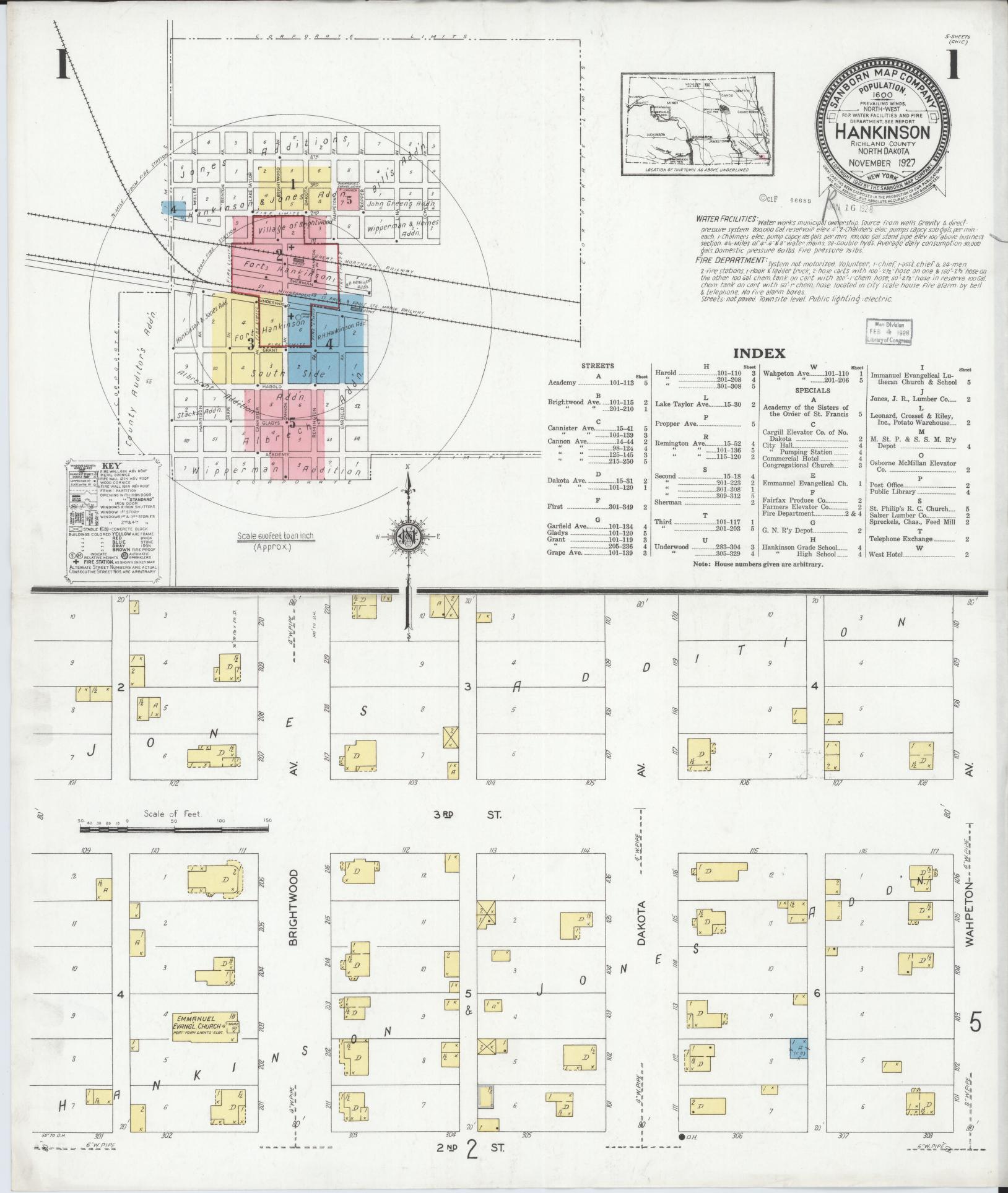 Sanborn Fire Insurance Map from Hankinson, Richland County, North Dakota (1927), Sheet #0001 - Historic Sanborn Fire Insurance Map Print, vintage old map wall art, antique decor, genealogy gift, North Dakota North Dakota map