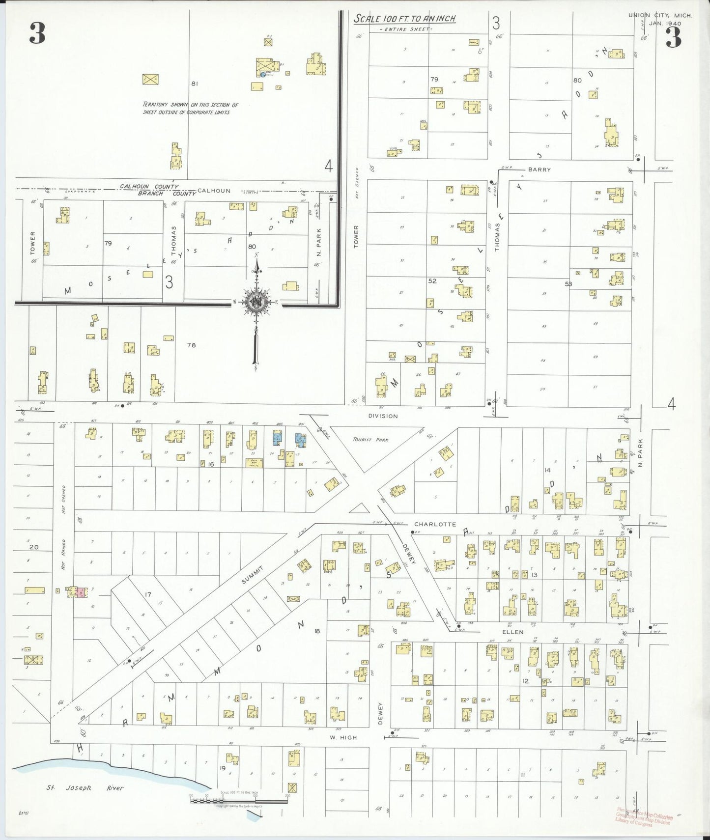 Sanborn Fire Insurance Map from Union City, Branch And Calhoun Counties, Michigan (1940), Sheet #0003 - Historic Sanborn Fire Insurance Map Print, vintage old map wall art, antique decor, genealogy gift, Michigan Michigan map