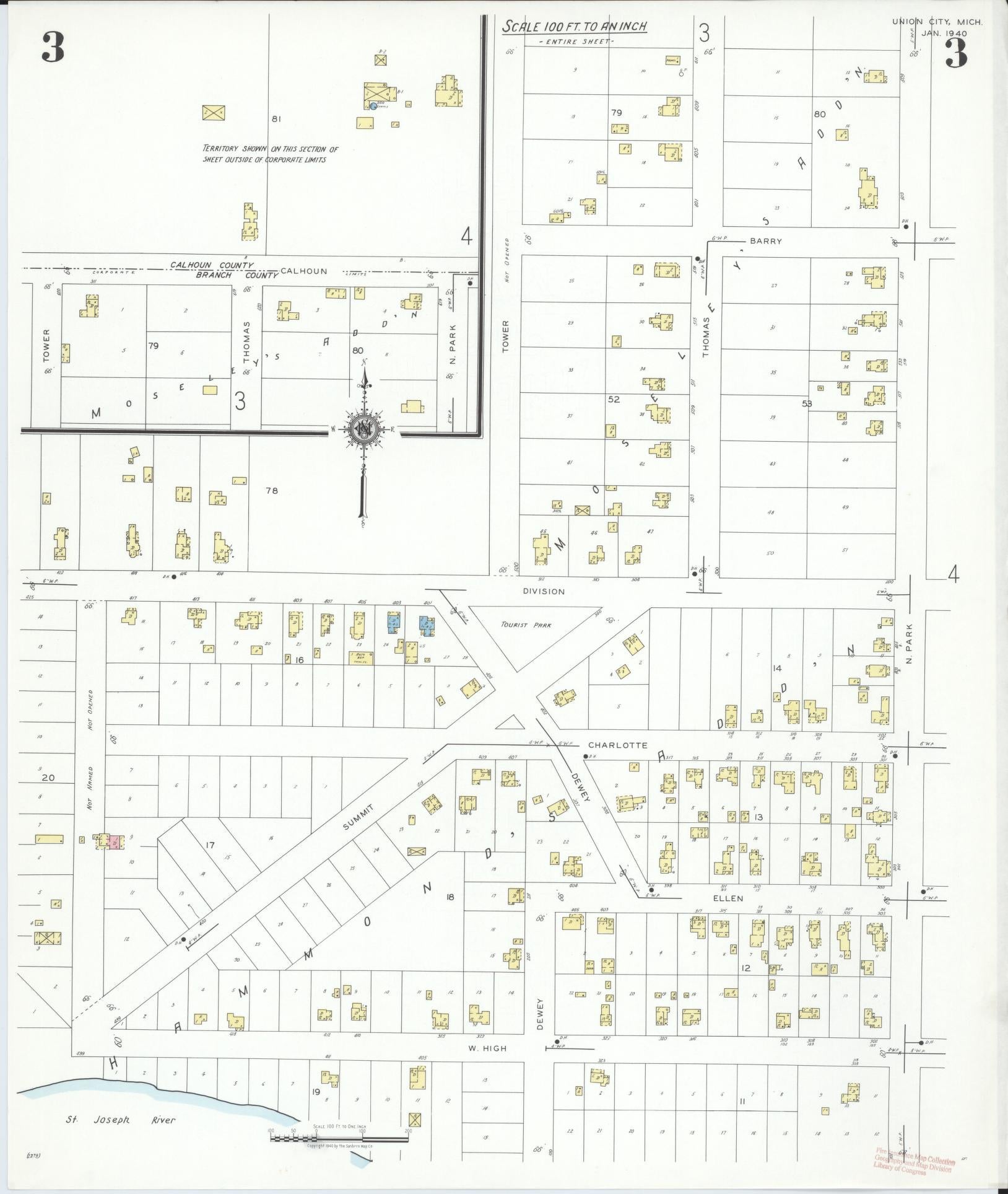 Sanborn Fire Insurance Map from Union City, Branch And Calhoun Counties, Michigan (1940), Sheet #0003 - Historic Sanborn Fire Insurance Map Print, vintage old map wall art, antique decor, genealogy gift, Michigan Michigan map