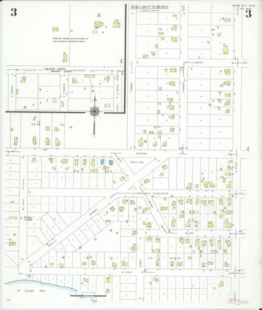 Sanborn Fire Insurance Map from Union City, Branch And Calhoun Counties, Michigan (1940), Sheet #0003 - Historic Sanborn Fire Insurance Map Print, vintage old map wall art, antique decor, genealogy gift, Michigan Michigan map