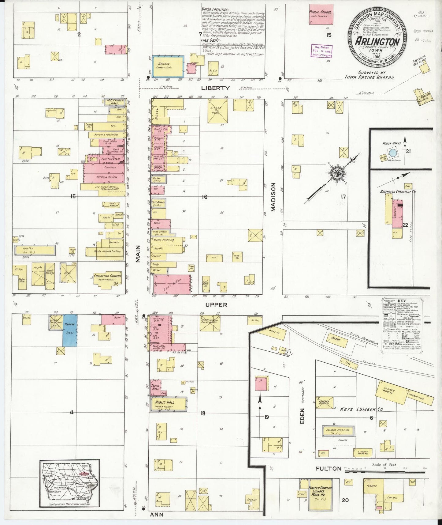Sanborn Fire Insurance Map from Arlington, Fayette County, Iowa (1916), Sheet #0001 - Historic Sanborn Fire Insurance Map Print, vintage old map wall art