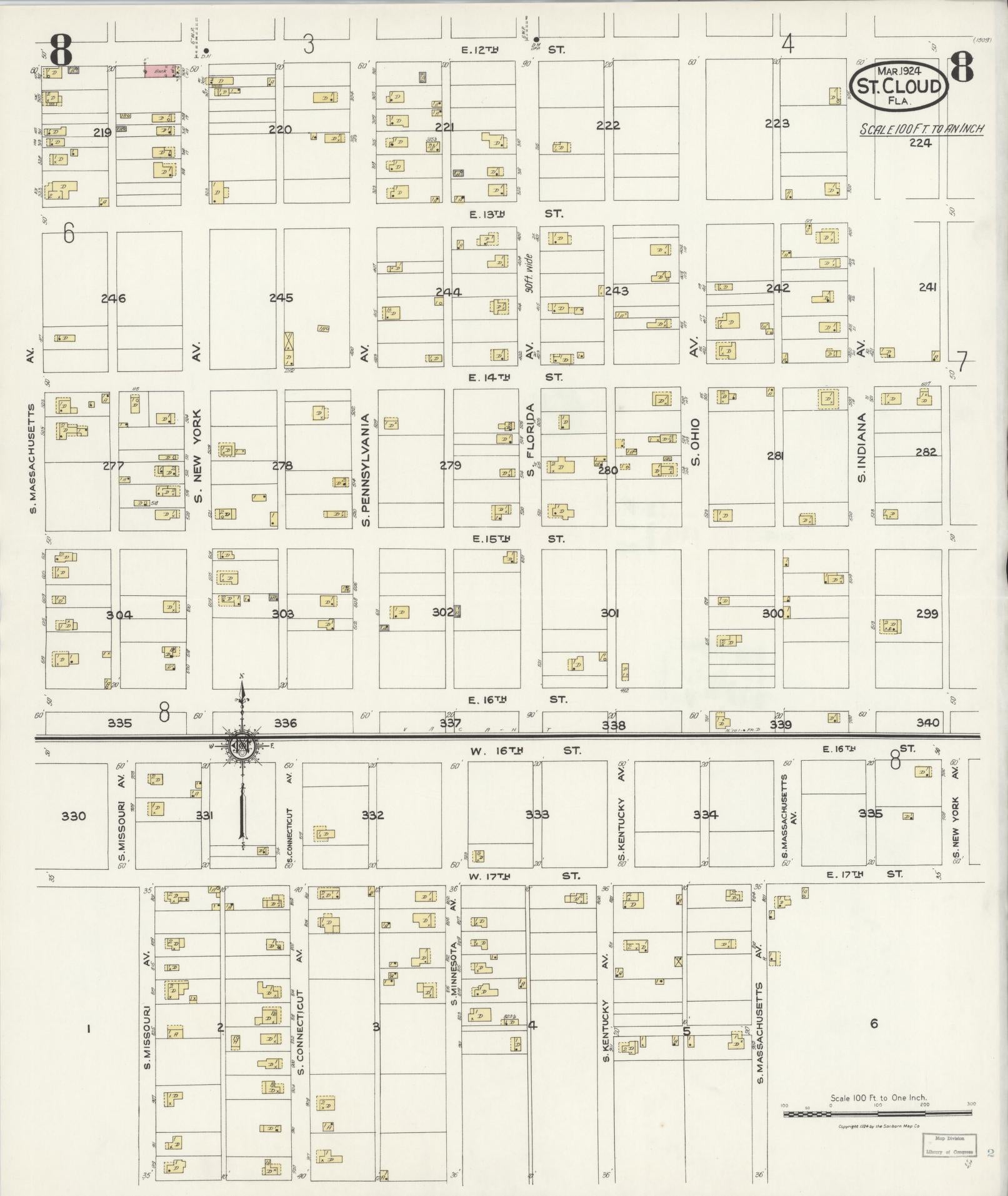 Sanborn Fire Insurance Map from Saint Cloud, Osceola County, Florida (1924), Sheet #0008 - Historic Sanborn Fire Insurance Map Print, vintage old map wall art, antique decor, genealogy gift, Florida Florida map