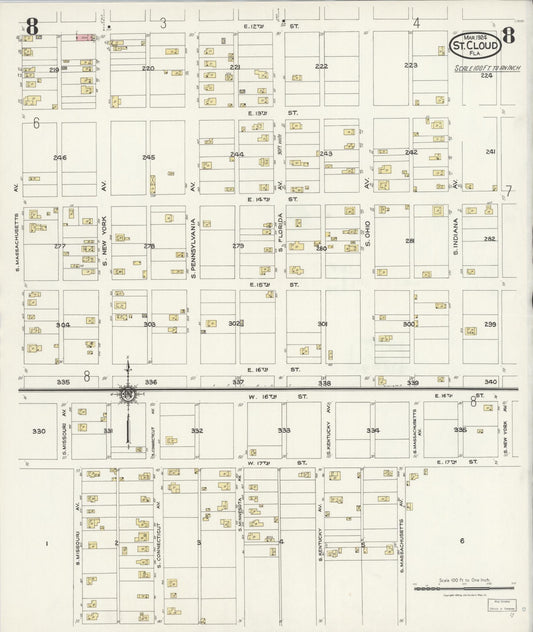 Sanborn Fire Insurance Map from Saint Cloud, Osceola County, Florida (1924), Sheet #0008 - Historic Sanborn Fire Insurance Map Print, vintage old map wall art, antique decor, genealogy gift, Florida Florida map