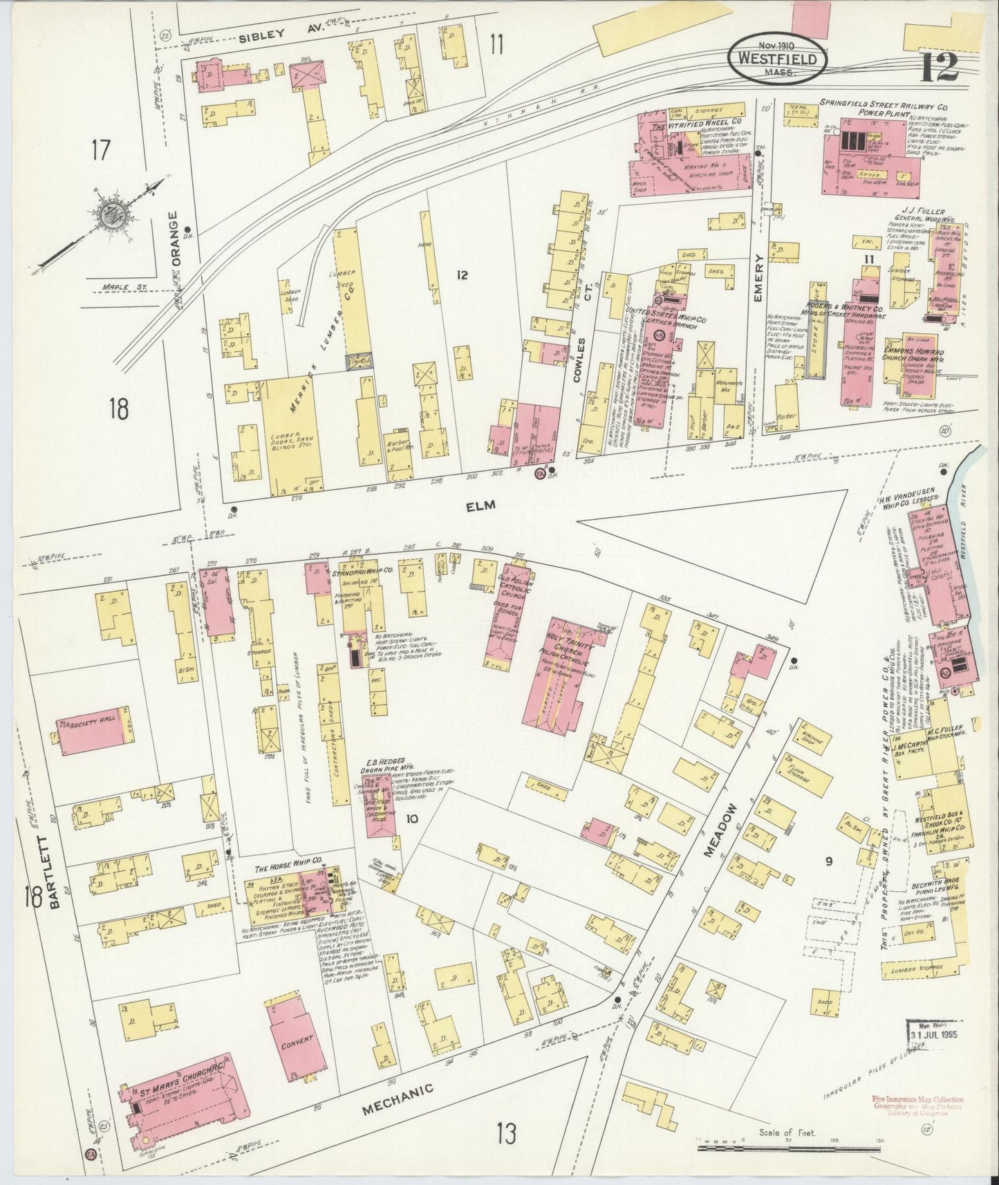 Sanborn Fire Insurance Map from Westfield, Hampden County, Massachusetts (1910), Sheet #0012 - Historic Sanborn Fire Insurance Map Print, vintage old map wall art, antique decor, genealogy gift, Massachusetts Massachusetts map