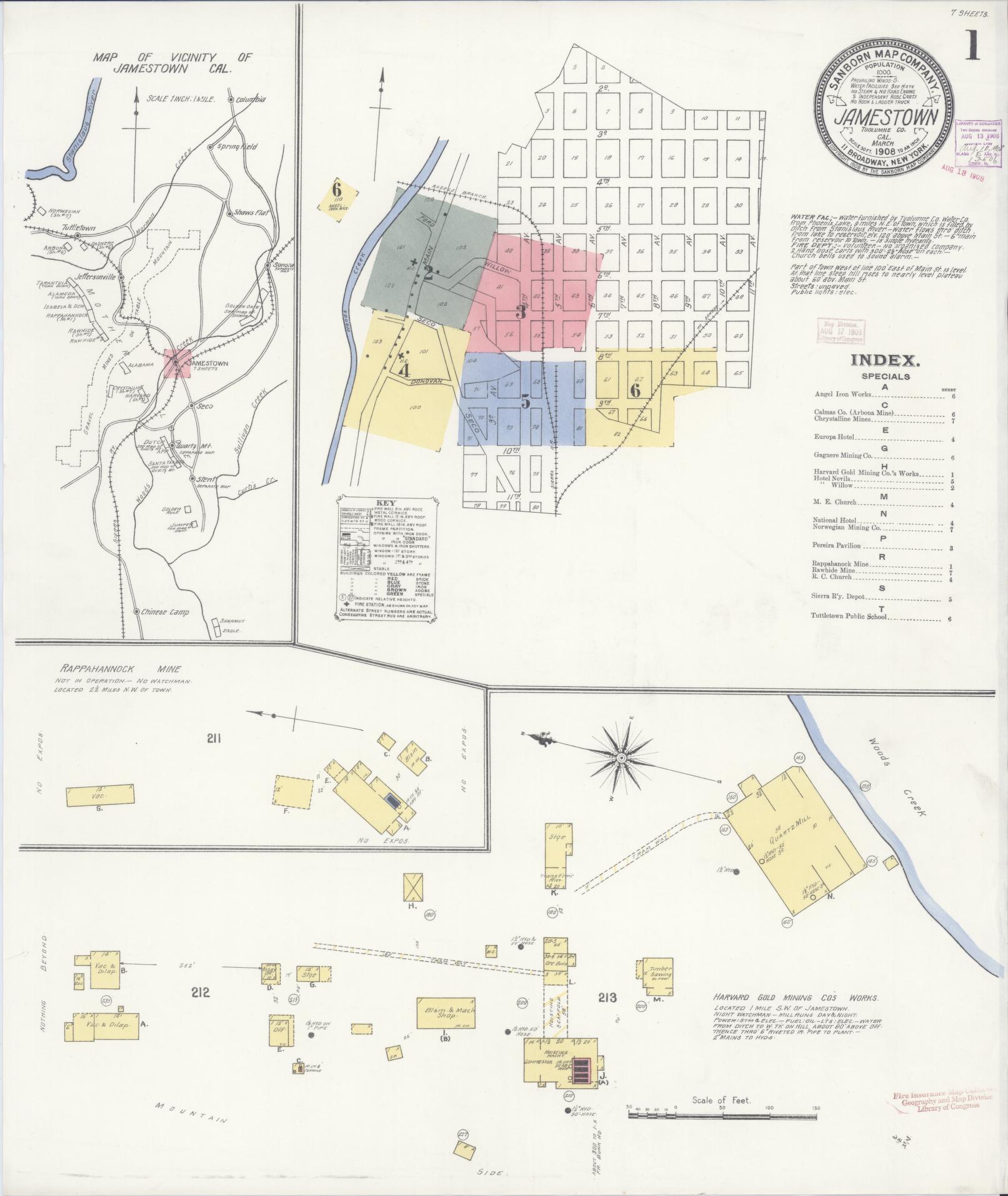 Sanborn Fire Insurance Map from Jamestown, Tuolumne County, California (1908), Sheet #0001 - Complete Map Set gallery image, historic Sanborn map, vintage wall art, California California